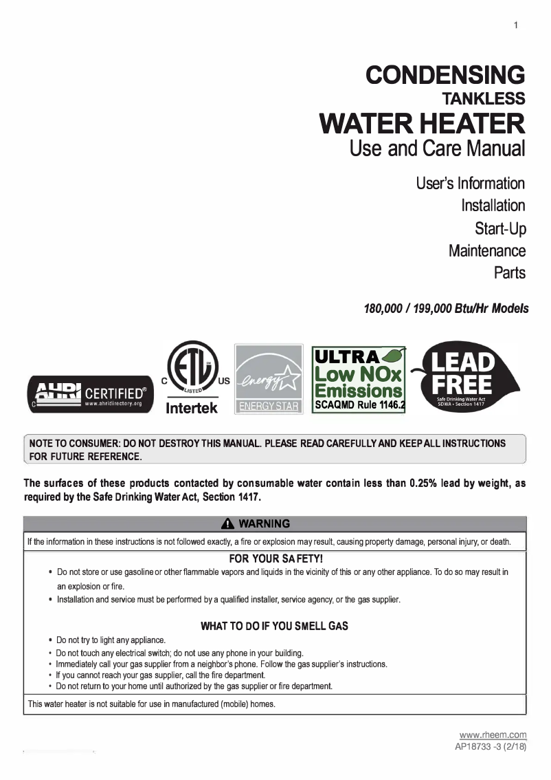 Page 1 de la notice Manuel utilisateur Rheem Prestige RTGH-RH11DVLN