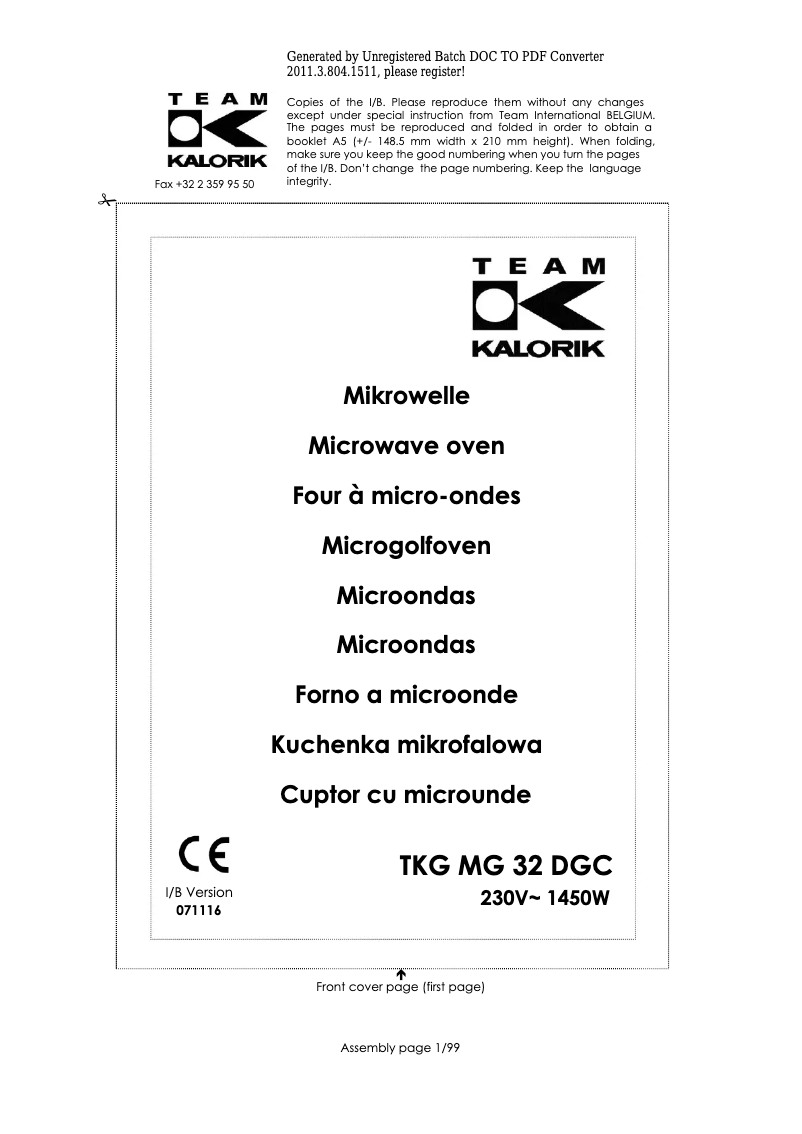 Page n°1 - Manuel utilisateur Kalorik TKG MG 32 DGC