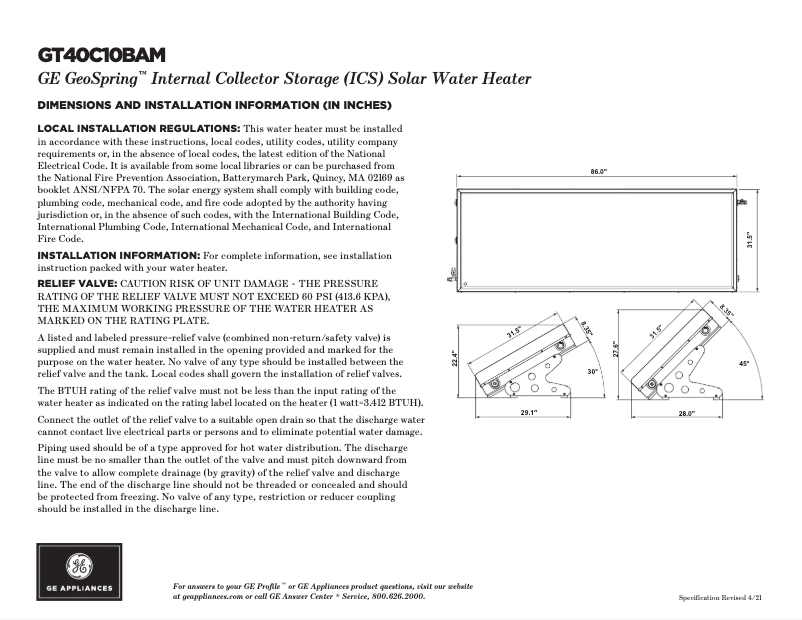 Page n°1 - Fiche technique GE GeoSpring GT40C10BAM