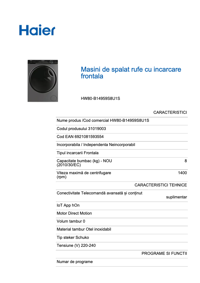 Page 1 de la notice Fiche technique Haier I-Pro Series 5 HW80-B14959S8