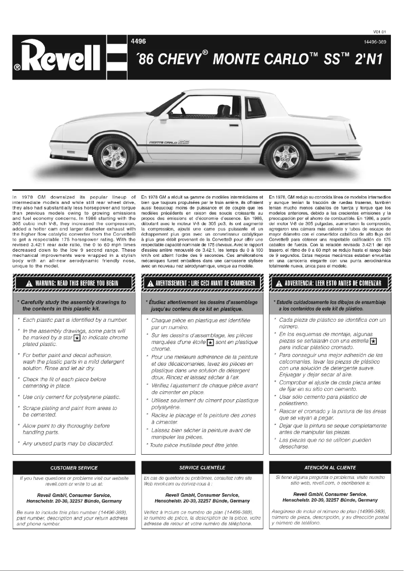 Page 1 de la notice Manuel utilisateur Revell '86 Monte Carlo SS