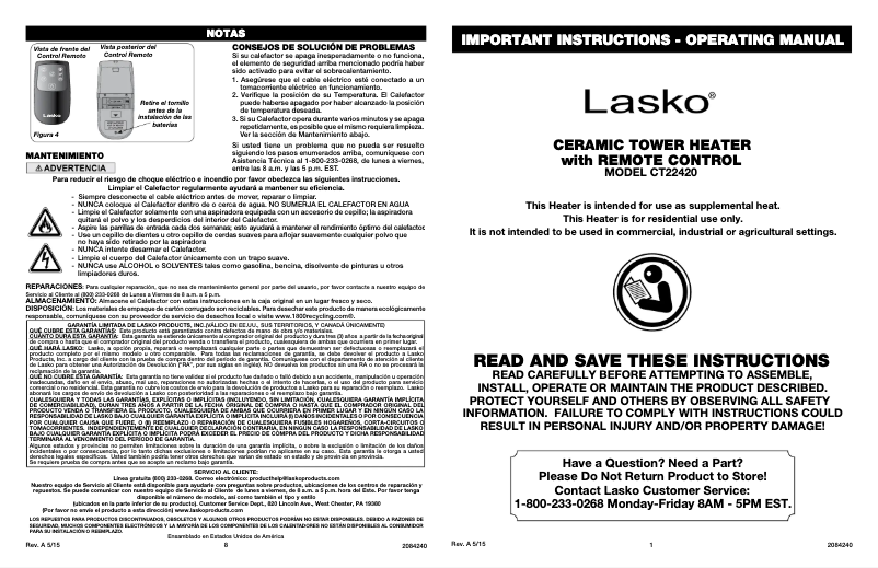 Page n°1 - Manuel utilisateur Lasko CT22420
