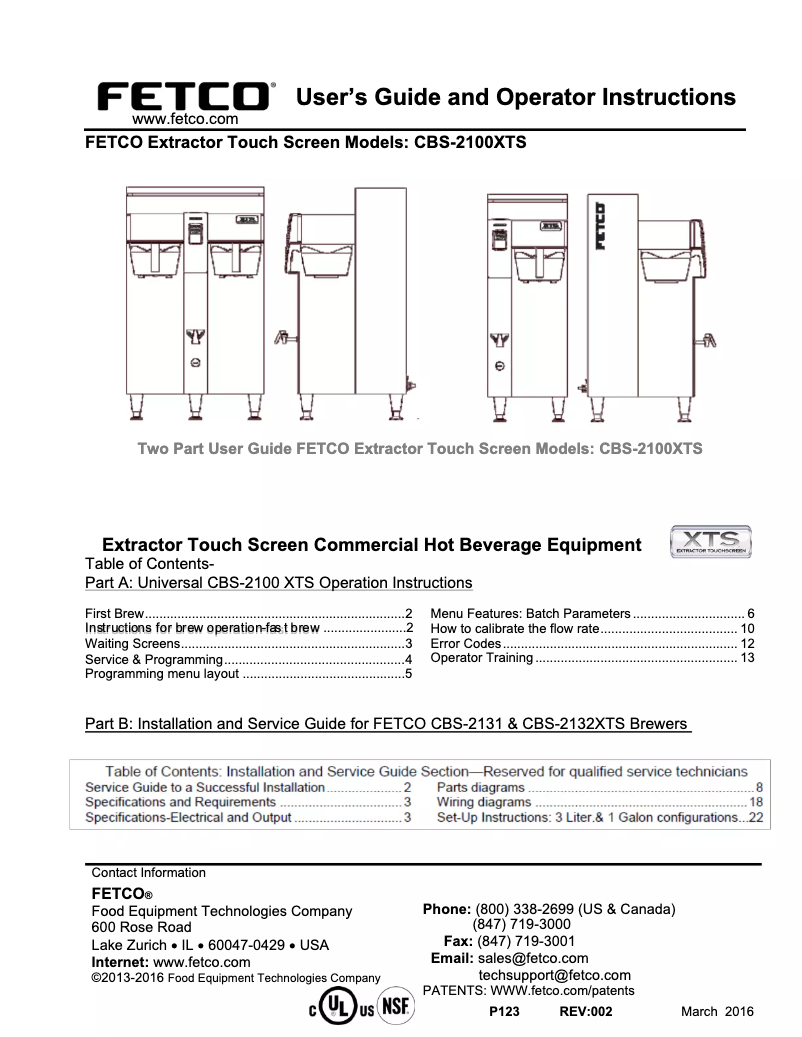 Page 1 de la notice Manuel utilisateur Fetco CBS-2100XTS
