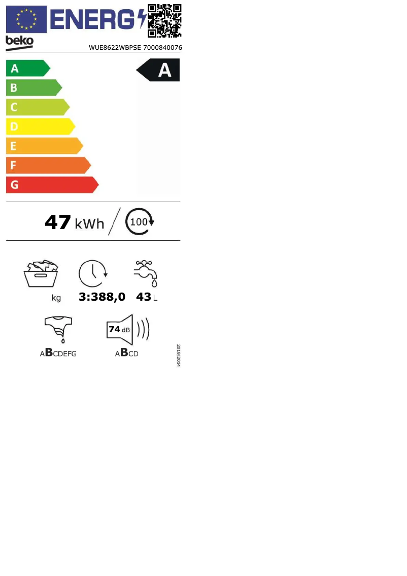 Page 1 de la notice Manuel utilisateur Beko WUE8622WBPSE
