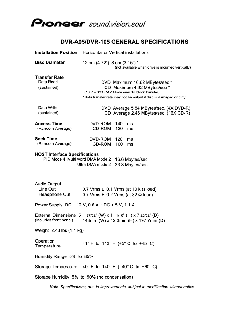 Page 1 de la notice Fiche technique Pioneer DVR-105