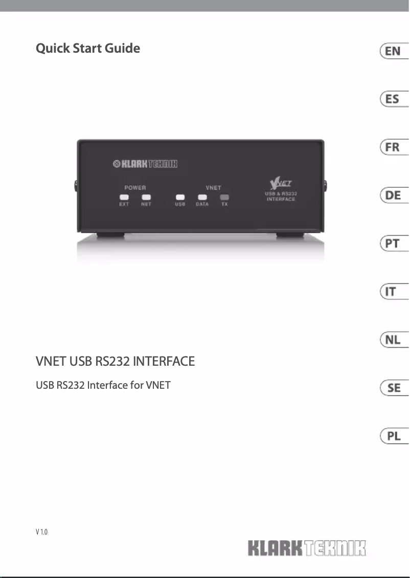 Page n°1 - Manuel utilisateur Klark Teknik Vnet USB RS232 Interface