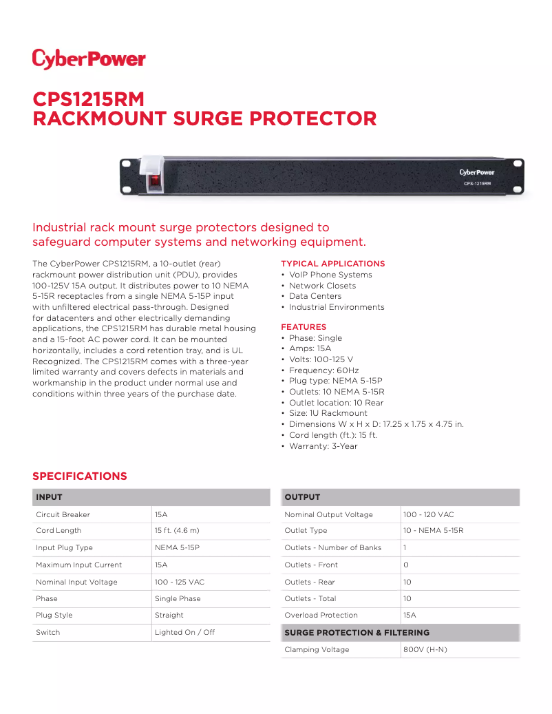 Página 1 del manual Ficha técnica CyberPower Rackbar CPS1215RMS