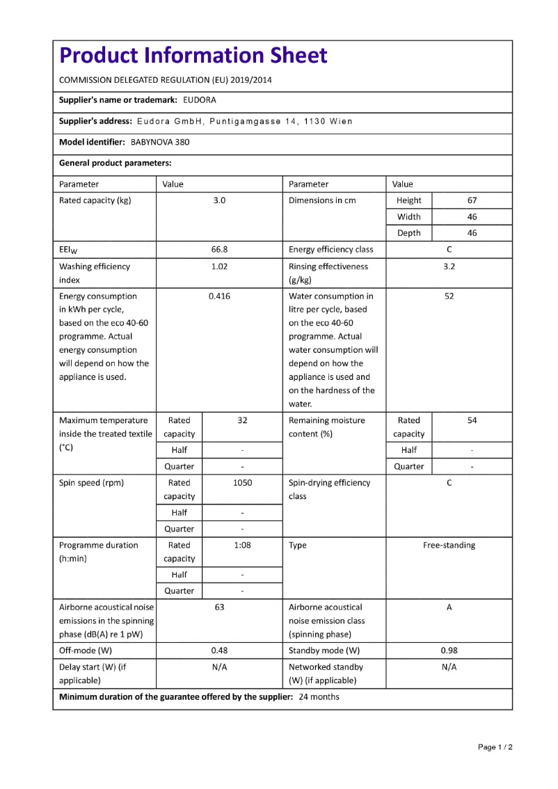 Page 1 de la notice Fiche technique Eudora Babynova 380