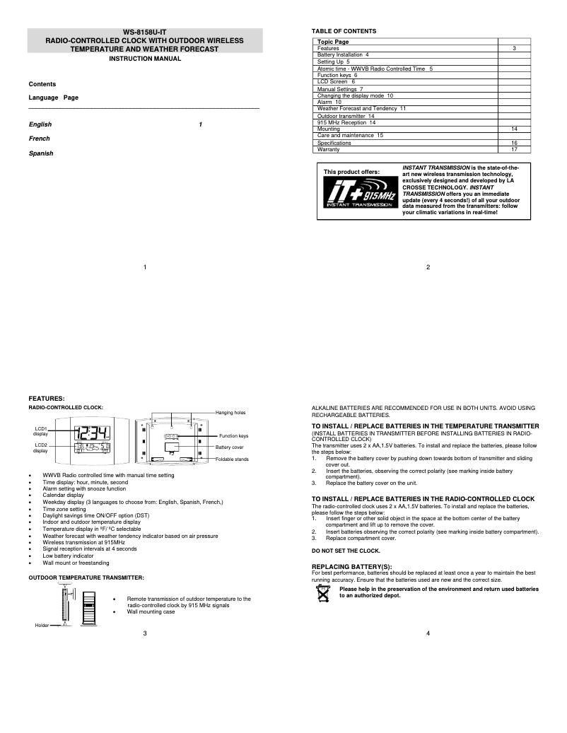 Page 1 de la notice Manuel utilisateur La Crosse Technology WS-8158U-IT