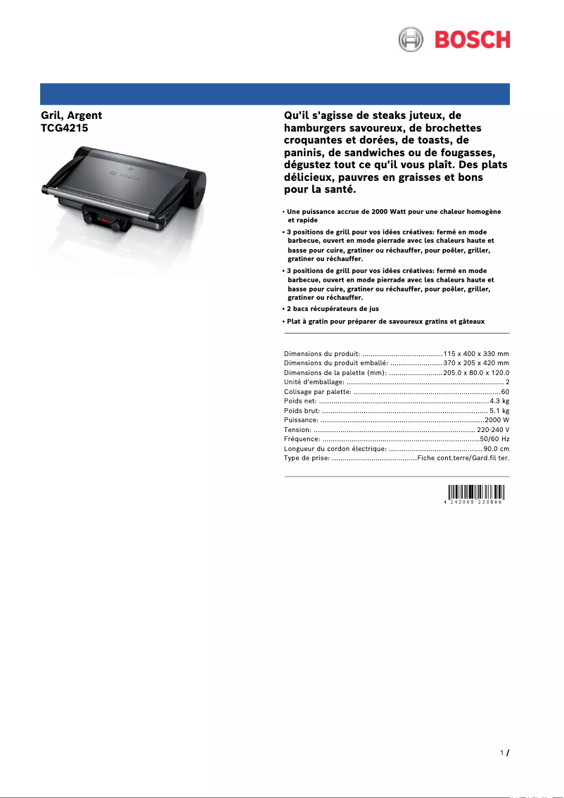 Page 1 de la notice Fiche technique Bosch TCG4215