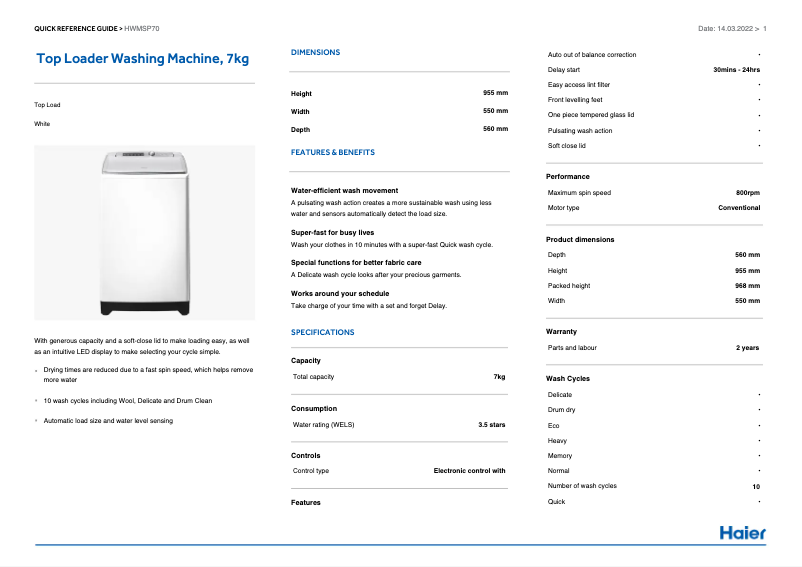 Page 1 de la notice Guide d'installation Haier HWMSP70
