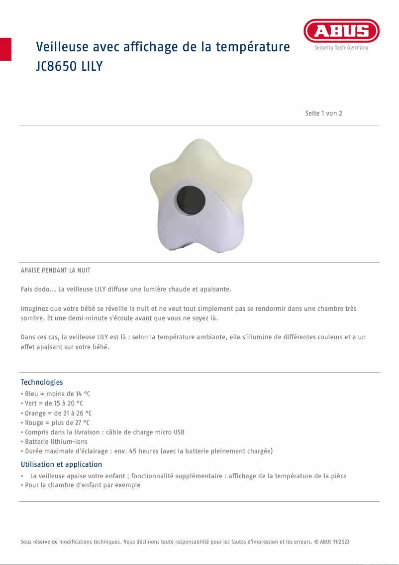 Page 1 de la notice Fiche technique Abus JC8650 LILY