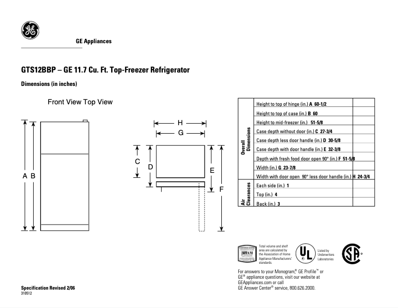 Página 1 del manual Ficha técnica GE GTS12BBPRCC