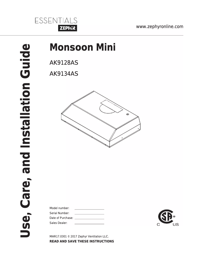 Page 1 de la notice Manuel d'utilisation et d'entretien Zephyr AK9134ASBF