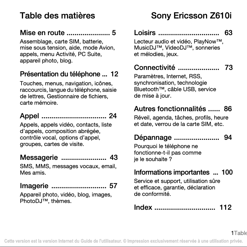 Page 1 de la notice Manuel utilisateur Sony Ericsson Z610i