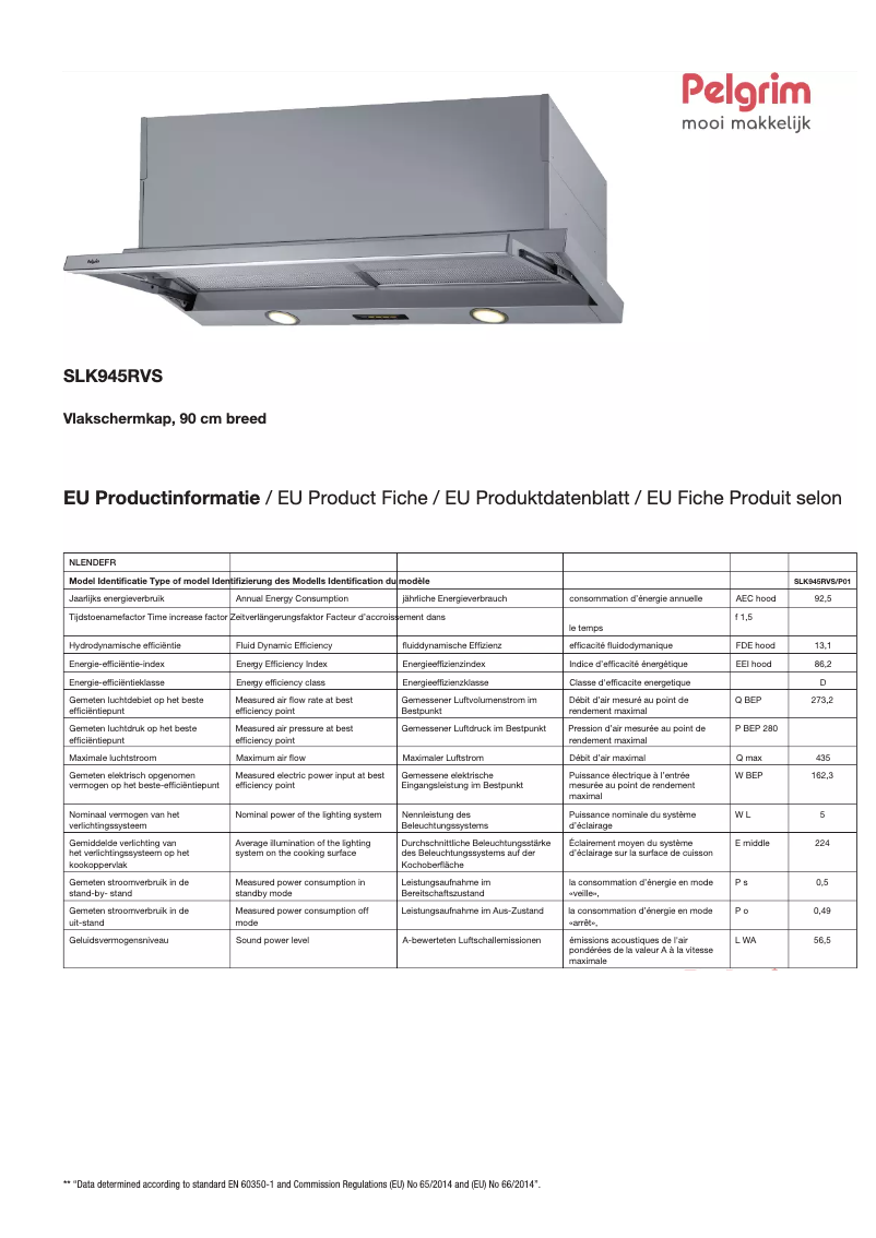 Page 1 de la notice Fiche technique Pelgrim SLK945RVS