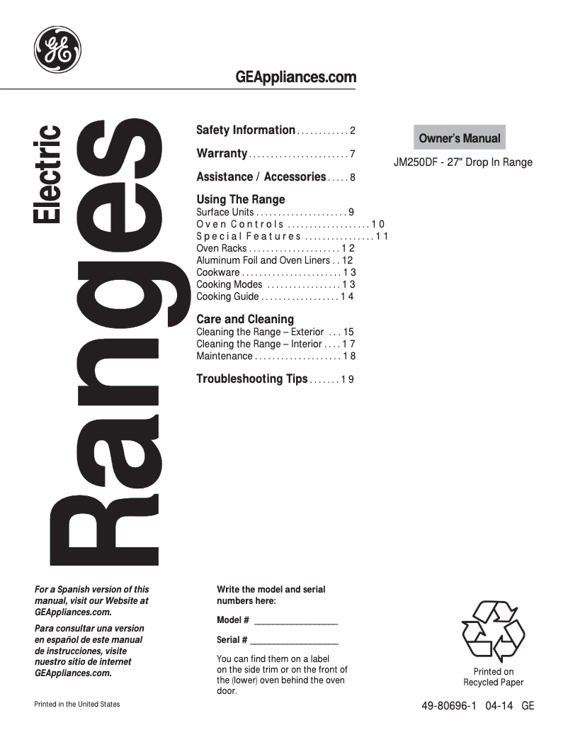 Image de la première page du manuel de l'appareil JM250DFBB