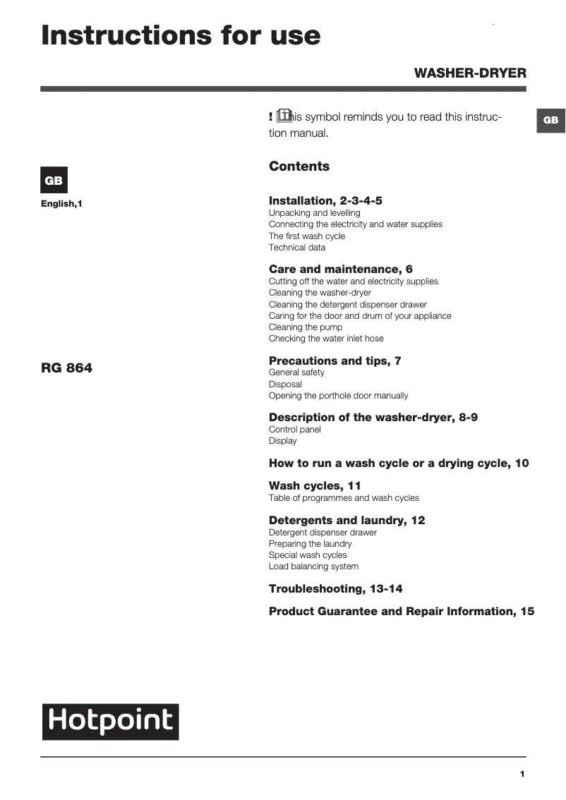 Image de la première page du manuel de l'appareil RG 864 S UK