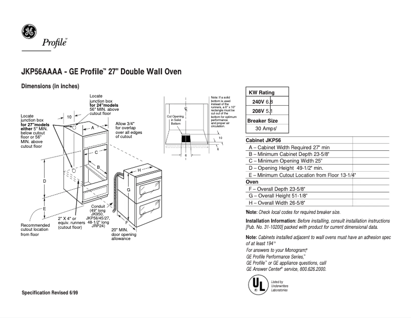 Page 1 of the manual Technical Sheet GE Profile JKP56AAAA