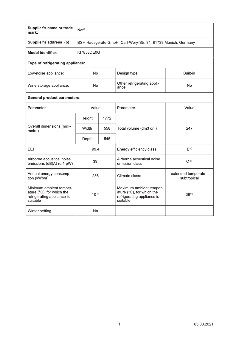 Page 1 de la notice Fiche technique Neff KI7853DE0G