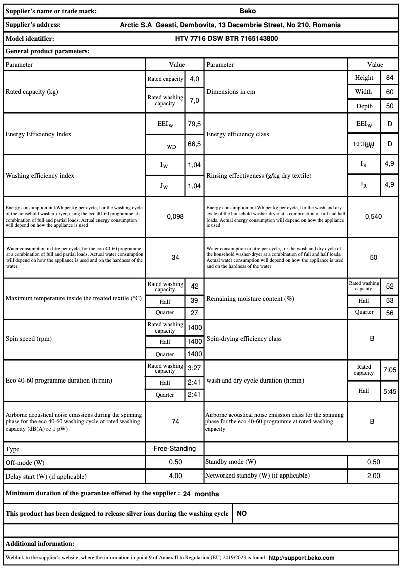 Page 1 de la notice Brochure Beko HTV 7716 DSW BTR
