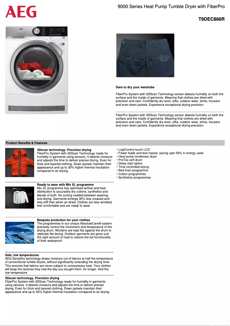 Página 1 del manual Ficha técnica AEG T9DEC866R