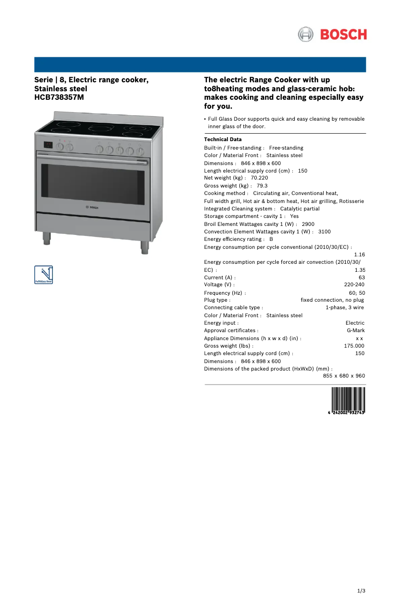 Page 1 of the manual Technical Sheet Bosch HCB738357M
