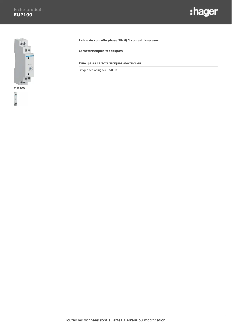 Page 1 de la notice Fiche technique Hager EUP100