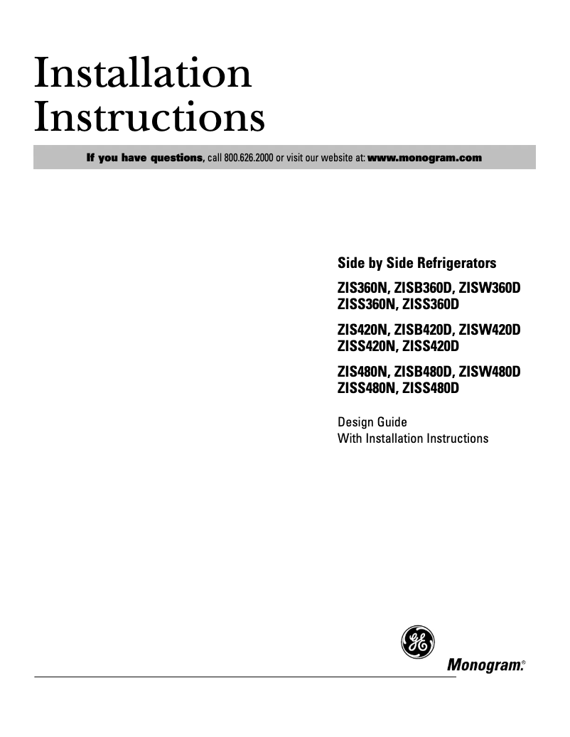 Página 1 del manual Guía de instalación GE ZISS480DRSS