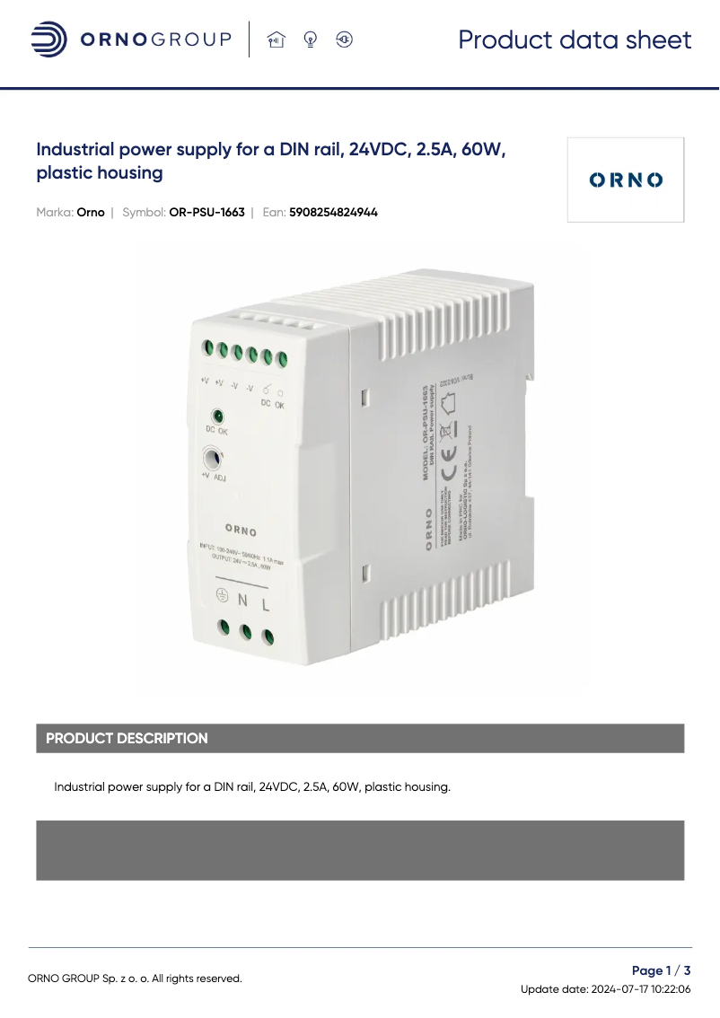 Page 1 de la notice Fiche technique ORNO OR-PSU-1663