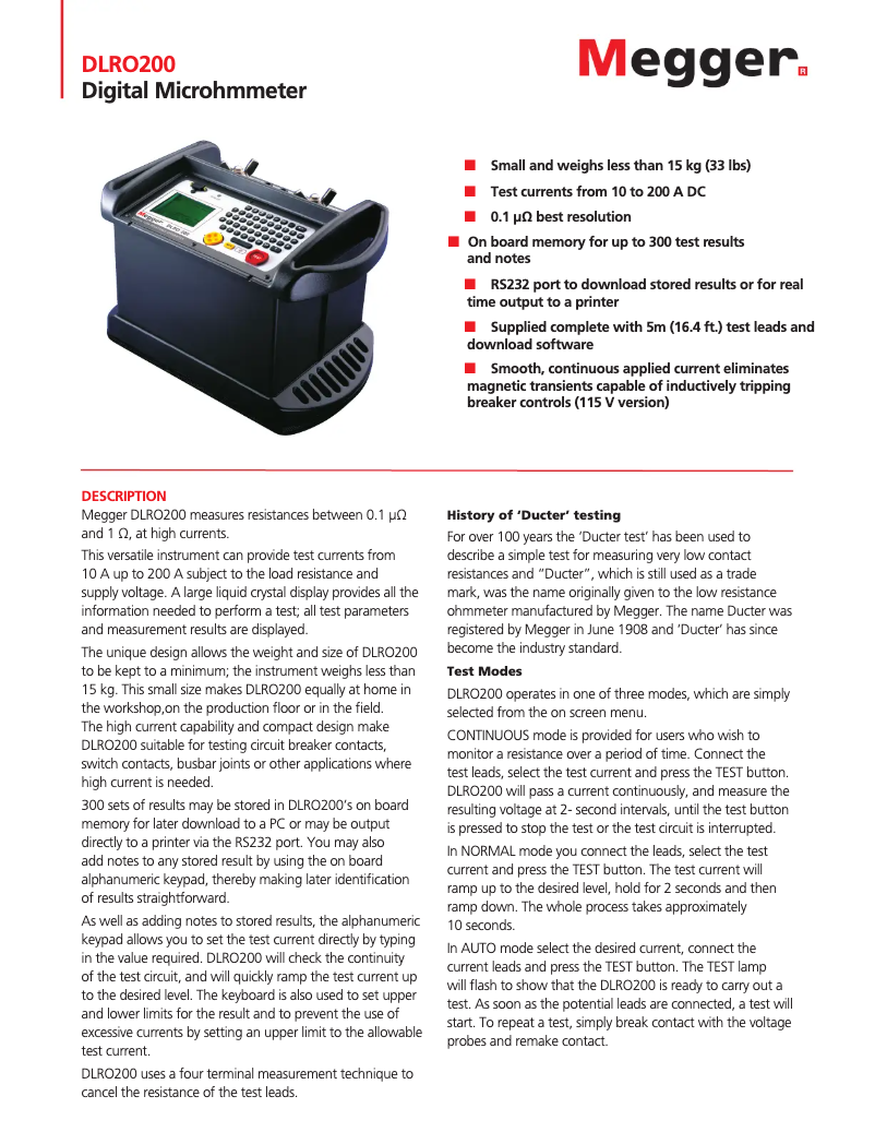 Page 1 de la notice Fiche technique Megger DLRO 200