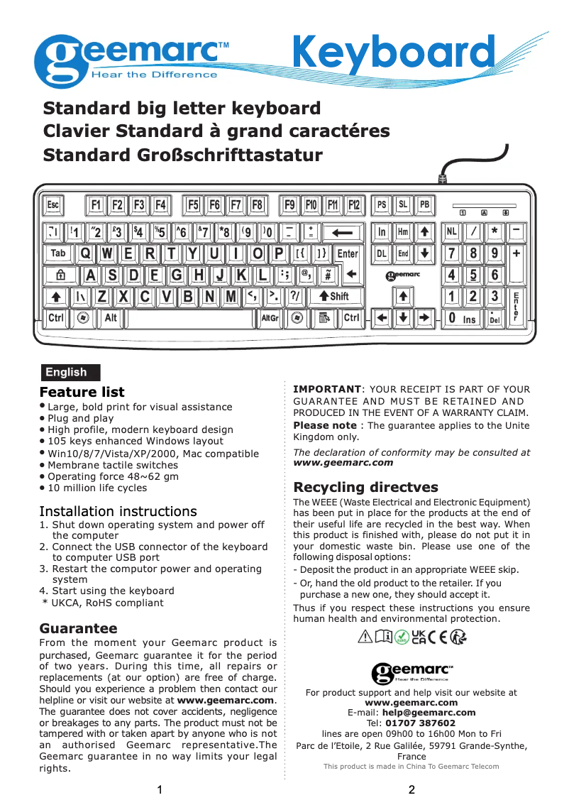 Page 1 de la notice Manuel utilisateur Geemarc Keyboard