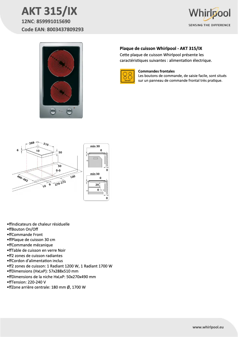 Page 1 de la notice Fiche technique Whirlpool AKT 315/IX