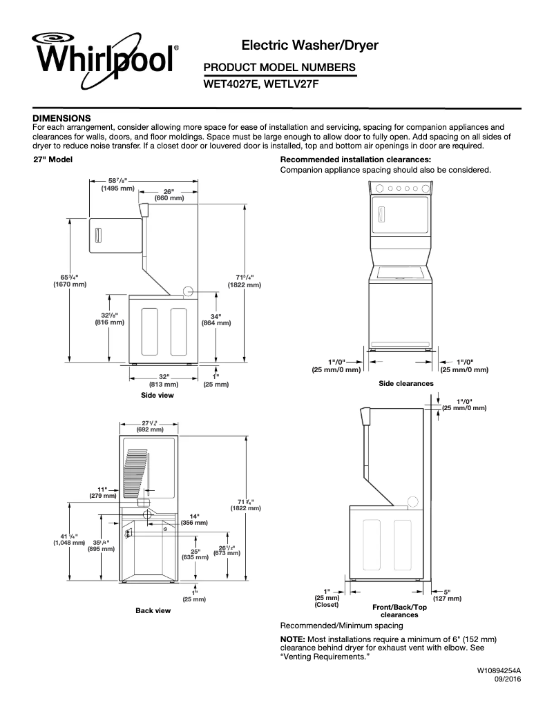 Page 1 de la notice Fiche technique Whirlpool WET4027H