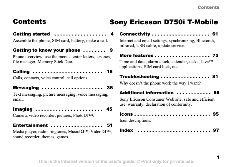 Page 1 de la notice Manuel utilisateur Sony Ericsson D750i