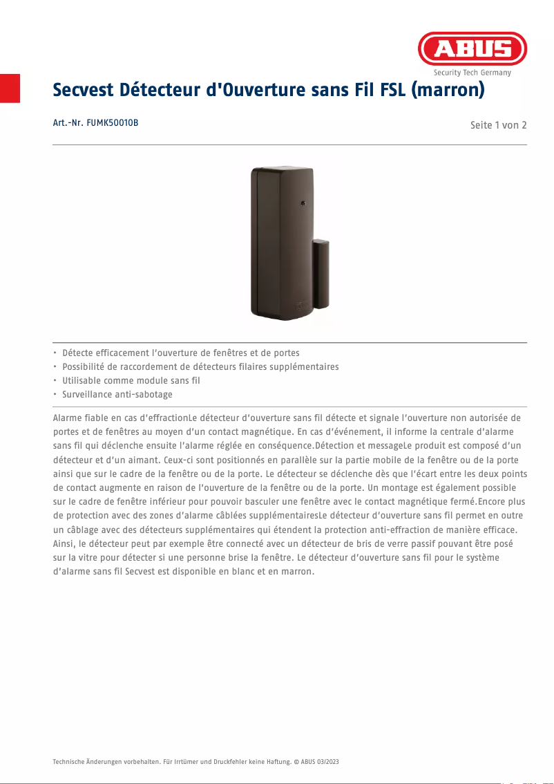 Page n°1 - Fiche technique Abus FUMK50010B