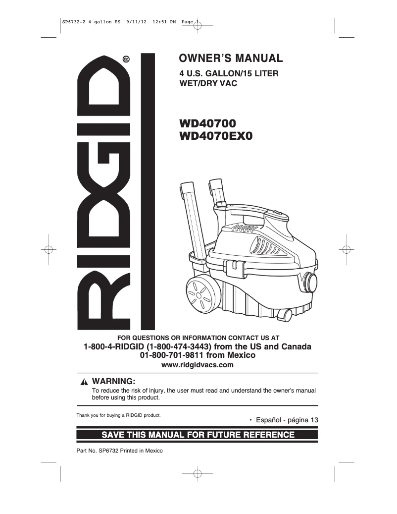 Page 1 de la notice Manuel utilisateur Ridgid WD40700