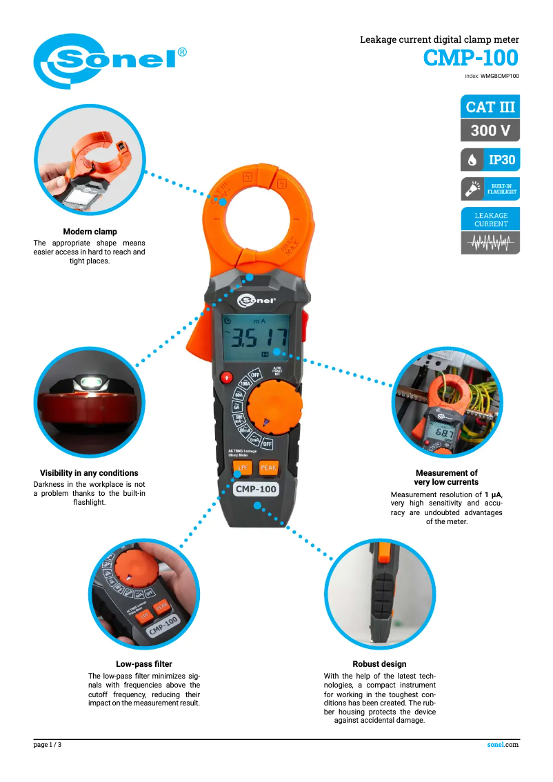 Page 1 de la notice Fiche technique Sonel CMP-100