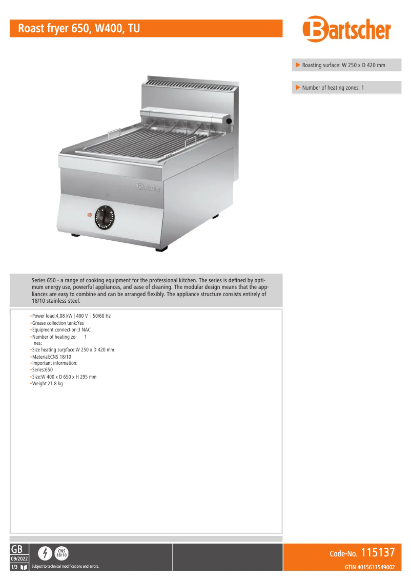 Page n°1 - Fiche technique Bartscher 115137