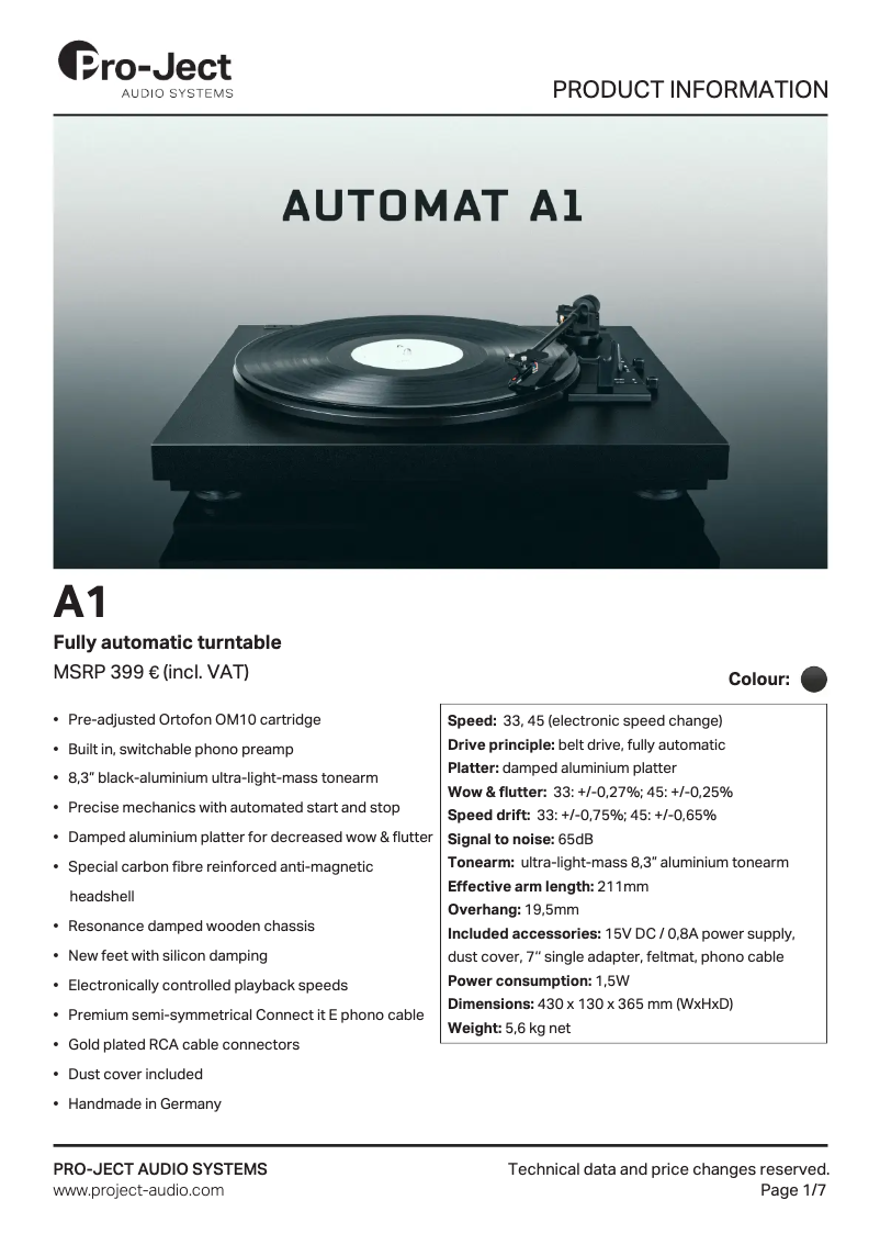 Page 1 de la notice Fiche technique Pro-Ject A1
