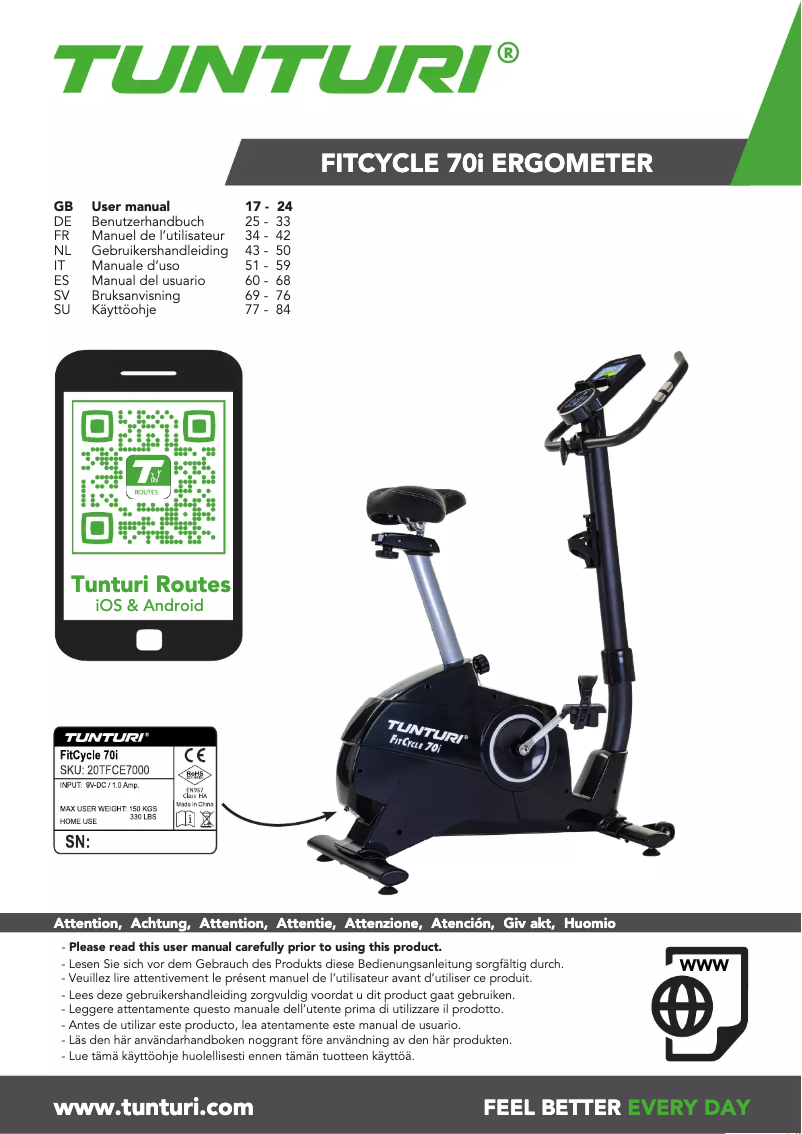 Page n°1 - Manuel utilisateur Tunturi FitCycle 70i