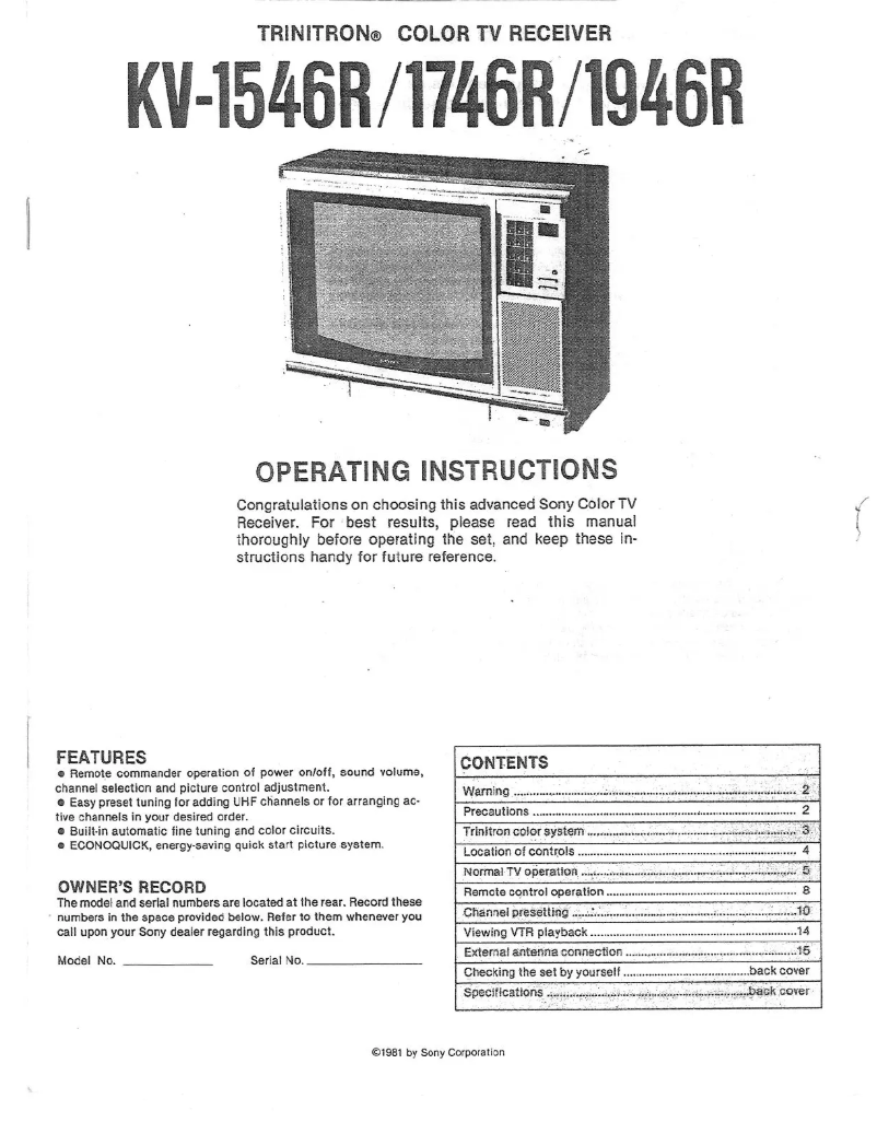 Page 1 de la notice Manuel utilisateur Sony KV-1946R