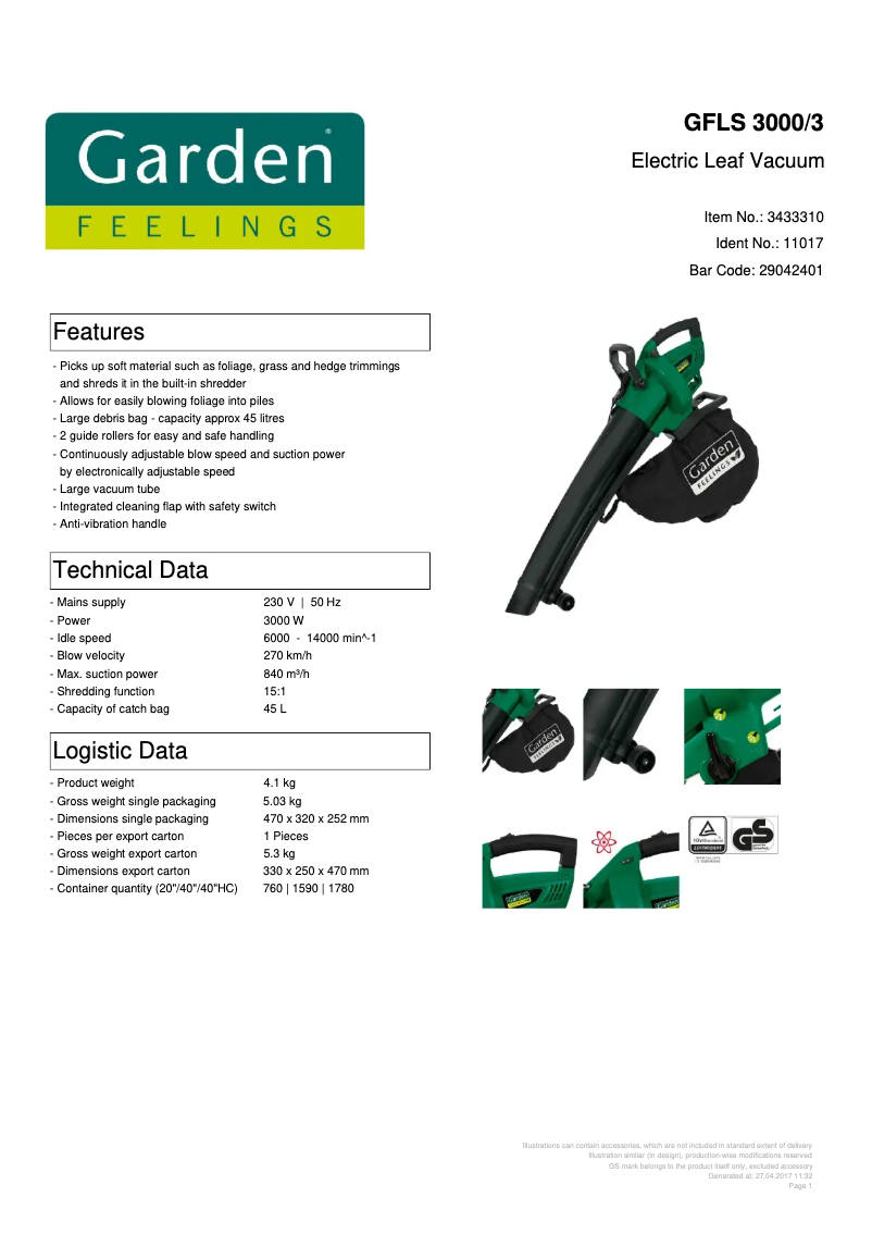 Page 1 de la notice Fiche technique Garden Feelings GFLS 3000/3