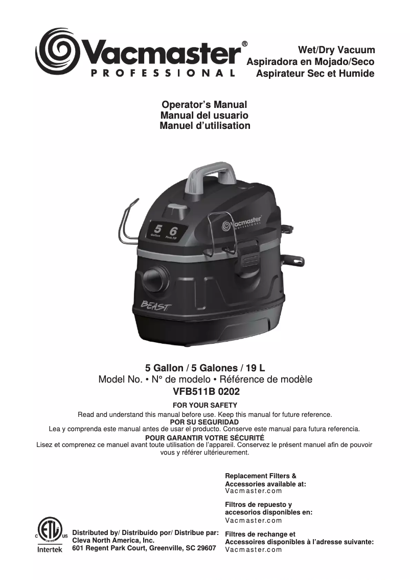 Page n°1 - Manuel utilisateur Vacmaster Professional Beast VFB511B