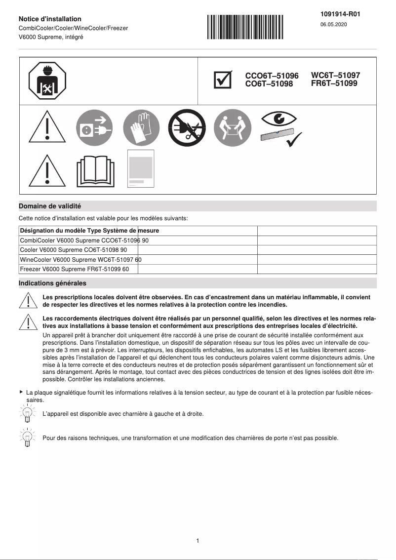 Page n°1 - Guide d'installation V-Zug WineCooler V6000 Supreme
