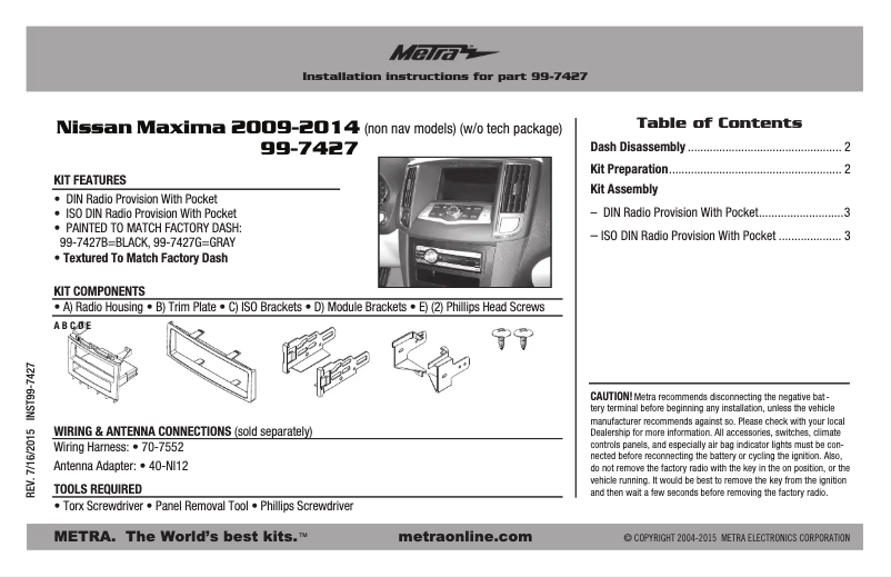 Page n°1 - Manuel utilisateur Metra 99-7427B