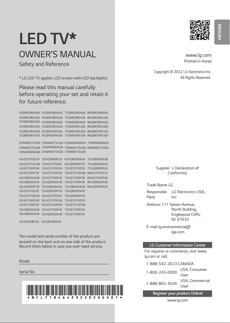 Page 1 de la notice Manuel utilisateur LG 65NANO80AQA