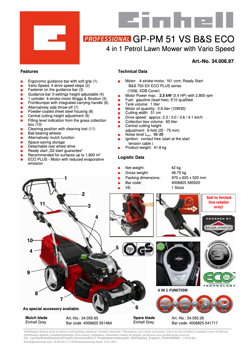 Page 1 de la notice Manuel utilisateur Einhell GP-PM 51 VS B&S