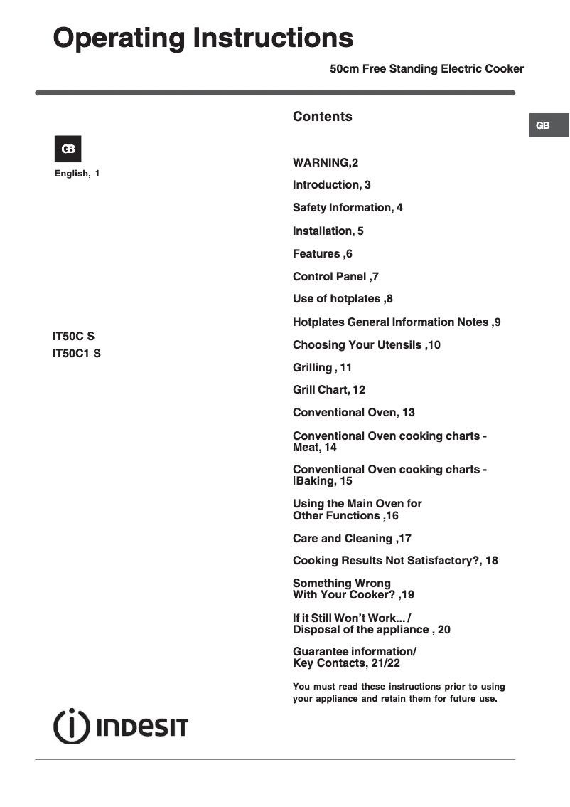 Page 1 de la notice Manuel utilisateur Indesit IT50CM S