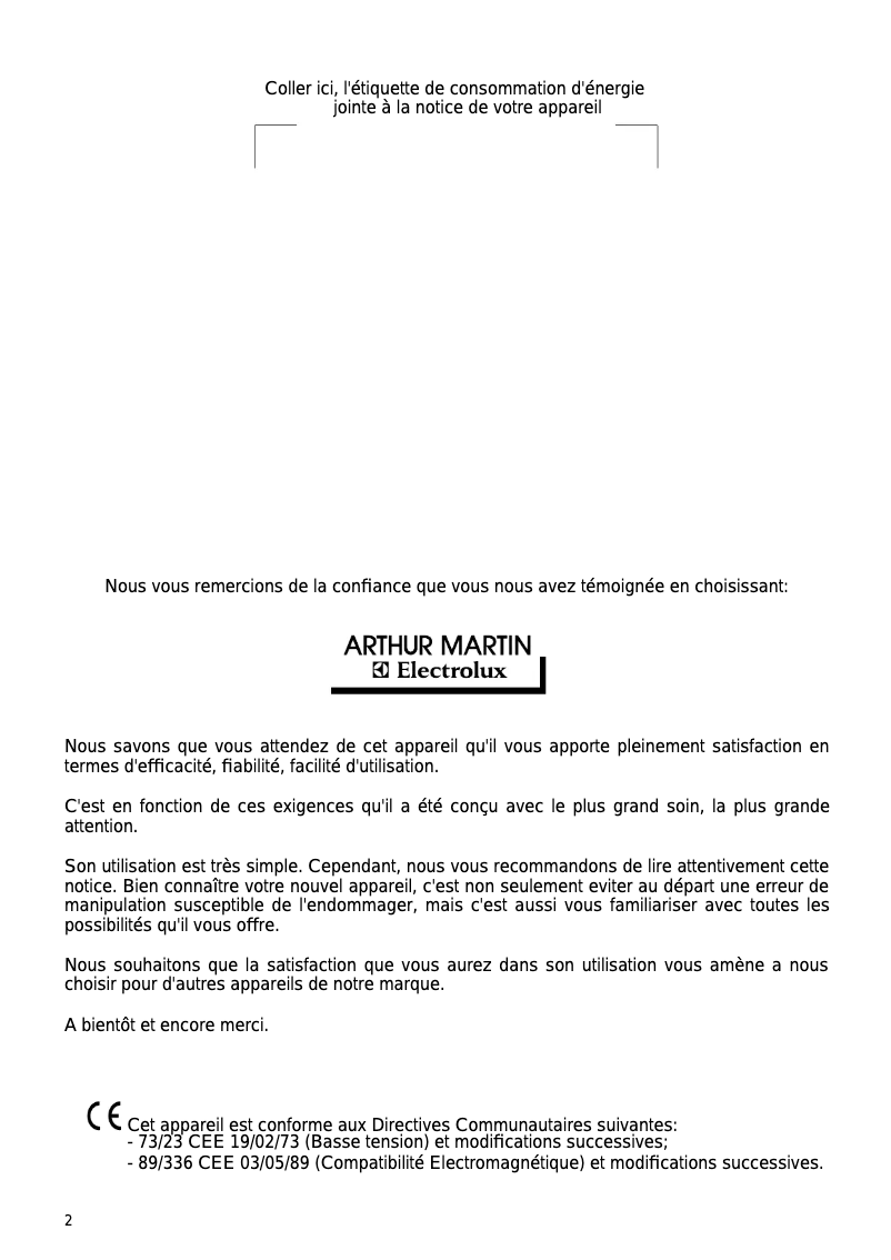 Page 1 de la notice Manuel utilisateur Arthur Martin-Electrolux AW 845 F